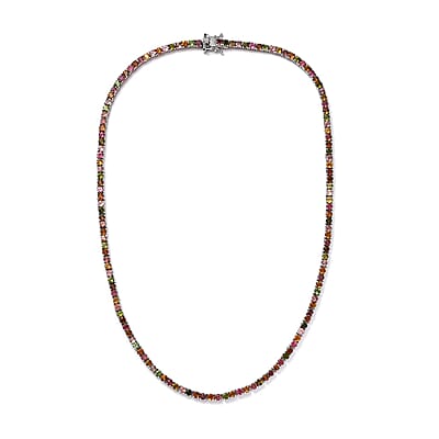 Multi-Tourmaline Tennis Necklace 18 Inches in Platinum Over Sterling Silver 15.00 ctw