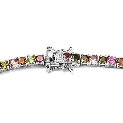 Multi-Tourmaline Tennis Necklace 18 Inches in Platinum Over Sterling Silver 15.00 ctw