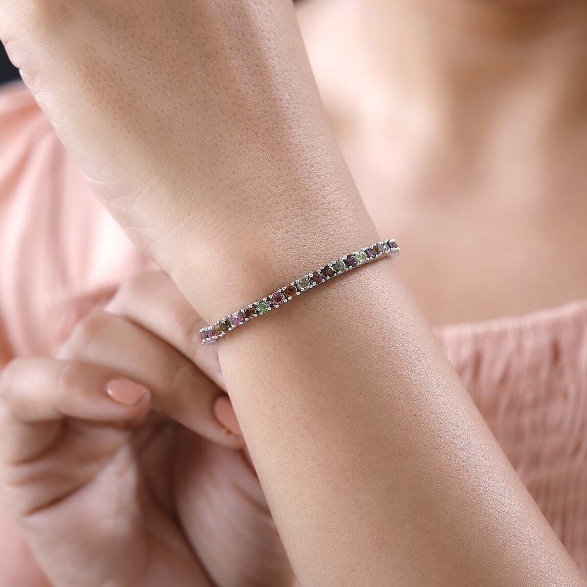Multi-Tourmaline Tennis Bracelet in Platinum Over Sterling Silve (6.50 In) 5.15 ctw image number 2