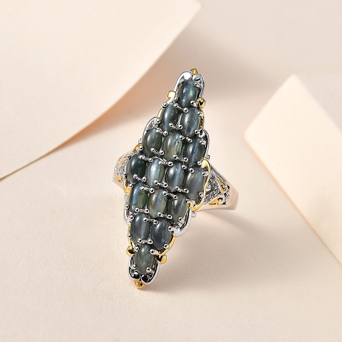 Premium Chrysoberyl Cat's Eye and White Zircon Elongated Ring in Vermeil YG and Platinum Over Sterling Silver (Size 10.0) 5.90 ctw image number 1