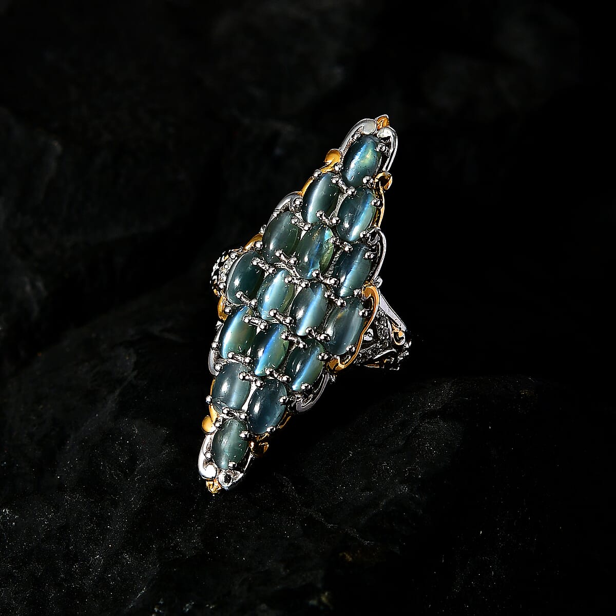 Premium Chrysoberyl Cat's Eye and White Zircon Elongated Ring in Vermeil YG and Platinum Over Sterling Silver (Size 10.0) 5.90 ctw image number 2
