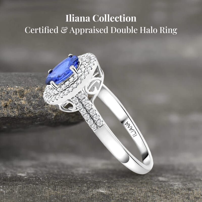 Certified & Appraised Iliana 18K White Gold AAA Ceylon Blue Sapphire and G-H SI Diamond Double Halo Ring (Size 10.0) 4.45 Grams 1.75 ctw