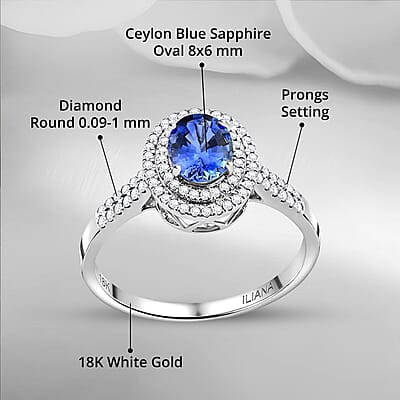 Certified & Appraised Iliana 18K White Gold AAA Ceylon Blue Sapphire and G-H SI Diamond Double Halo Ring (Size 10.0) 4.45 Grams 1.75 ctw