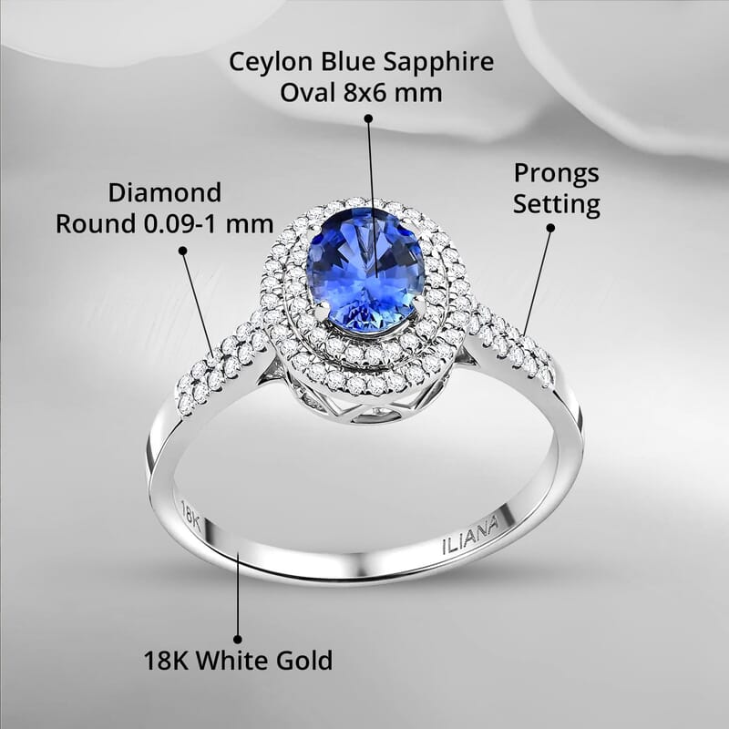 Certified & Appraised Iliana 18K White Gold AAA Ceylon Blue Sapphire and G-H SI Diamond Double Halo Ring (Size 10.0) 4.45 Grams 1.75 ctw