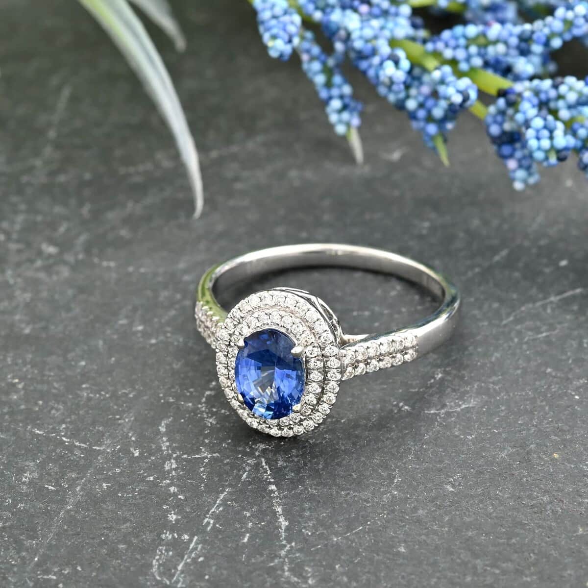 Certified & Appraised Iliana 18K White Gold AAA Ceylon Blue Sapphire and G-H SI Diamond Double Halo Ring (Size 6.0) 4.45 Grams 1.75 ctw image number 1