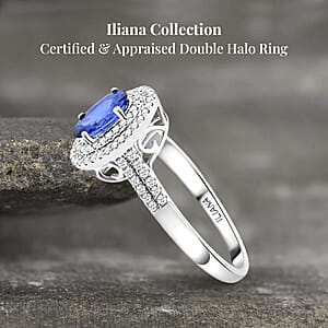 Certified & Appraised Iliana 18K White Gold AAA Ceylon Blue Sapphire and G-H SI Diamond Double Halo Ring (Size 7.5) 4.45 Grams 1.75 ctw