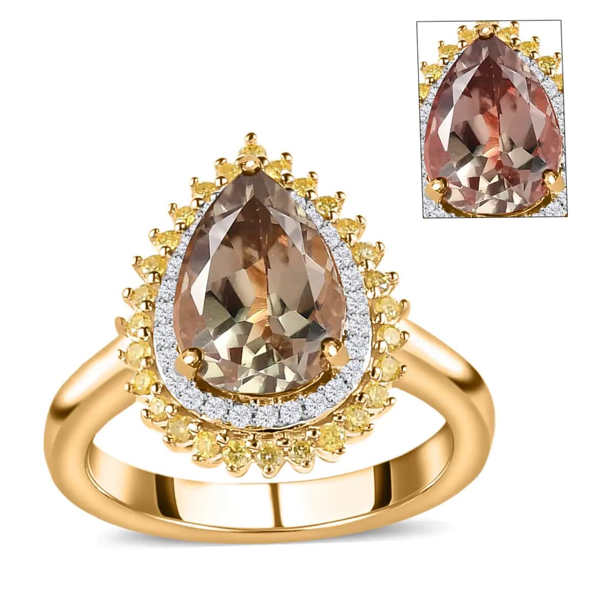 Luxoro 10K Yellow Gold AAA Turkizite, Natural Yellow and White Diamond I3 Double Halo Ring (Size 7.0) 2.35 ctw image number 0