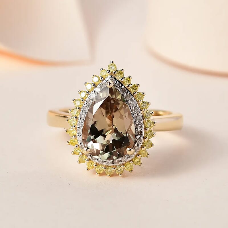 Luxoro 10K Yellow Gold AAA Turkizite, Natural Yellow and White Diamond I3 Double Halo Ring (Size 7.0) 2.35 ctw