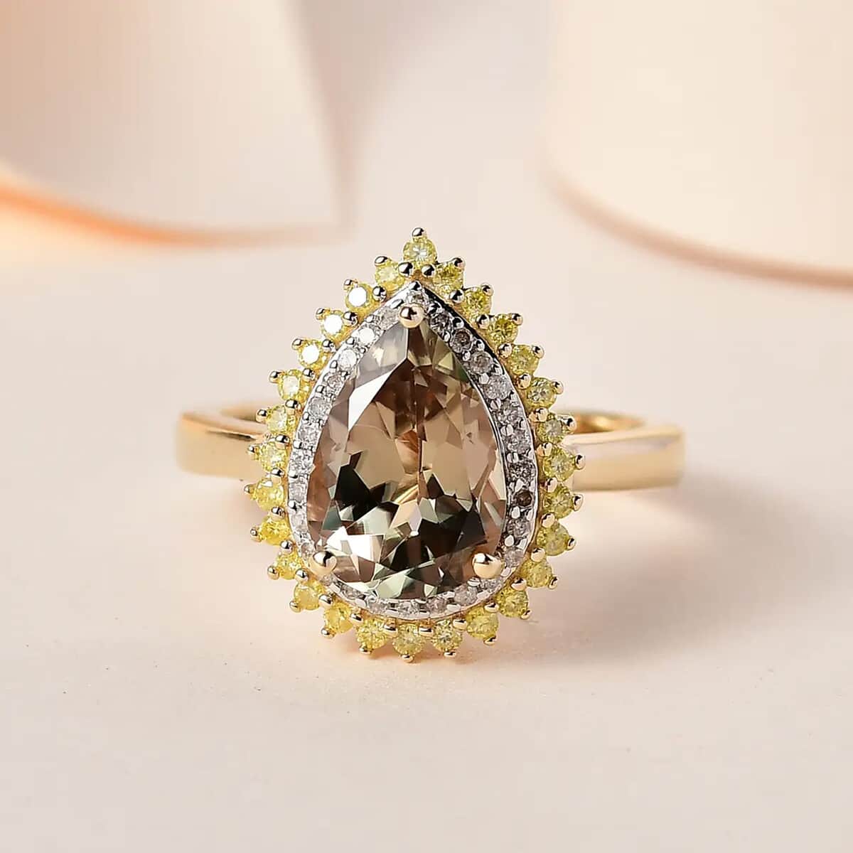Luxoro 10K Yellow Gold AAA Turkizite, Natural Yellow and White Diamond I3 Double Halo Ring (Size 7.0) 2.35 ctw image number 1