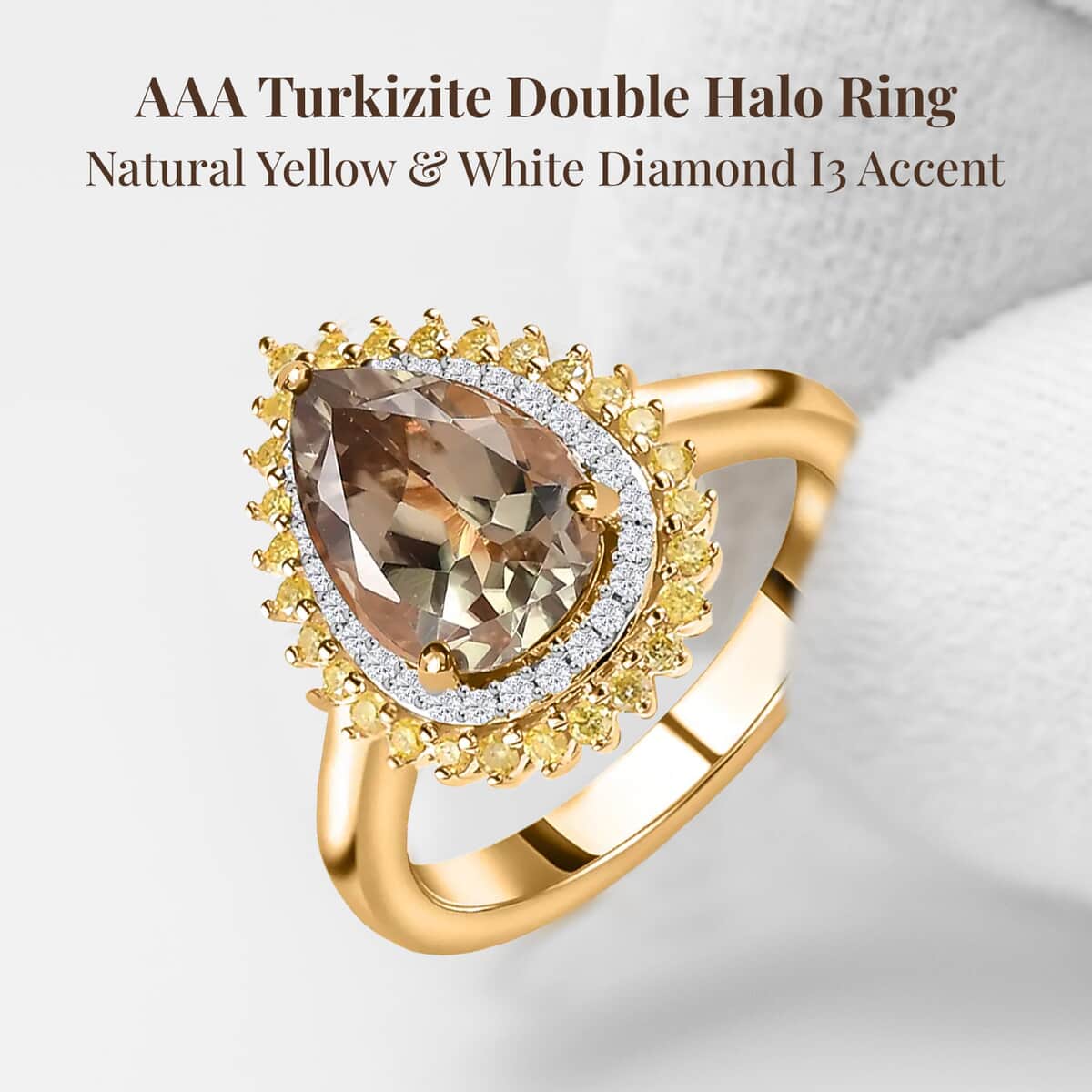 Luxoro 10K Yellow Gold AAA Turkizite, Natural Yellow and White Diamond I3 Double Halo Ring (Size 7.0) 2.35 ctw image number 2
