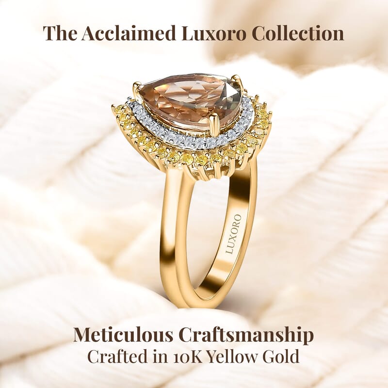 Luxoro 10K Yellow Gold AAA Turkizite, Natural Yellow and White Diamond I3 Double Halo Ring (Size 7.0) 2.35 ctw