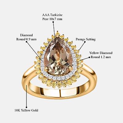 Luxoro 10K Yellow Gold AAA Turkizite, Natural Yellow and White Diamond I3 Double Halo Ring (Size 7.0) 2.35 ctw