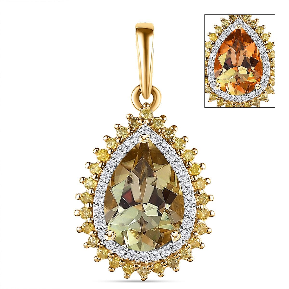 Certified & Appraised Luxoro 10K Yellow Gold AAA Turkizite and I3 Natural Yellow and White Diamond Double Halo Pendant 2.50 ctw image number 0