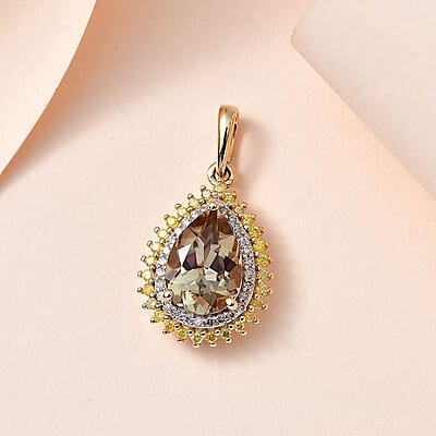 Certified & Appraised Luxoro 10K Yellow Gold AAA Turkizite and I3 Natural Yellow and White Diamond Double Halo Pendant 2.50 ctw