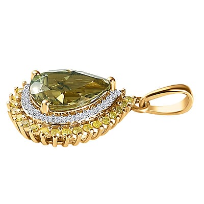 Certified & Appraised Luxoro 10K Yellow Gold AAA Turkizite and I3 Natural Yellow and White Diamond Double Halo Pendant 2.50 ctw