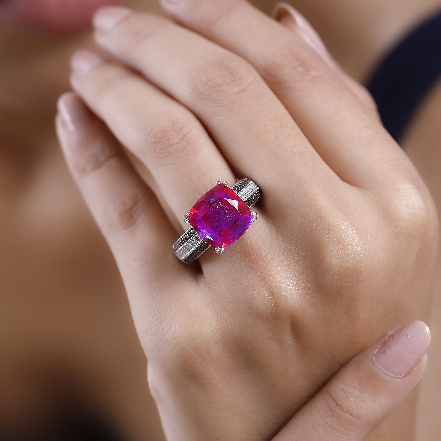 Volcanic Quartz (Triplet) and Multi Gemstone Ring in Platinum Over Sterling Silver (Size 10.0) 4.15 ctw