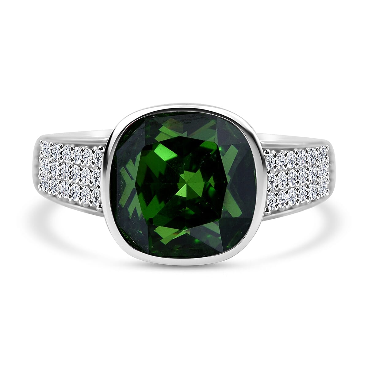 Simulated Green and White Diamond Ring in Rhodium Over Sterling Silver (Size 10.0)