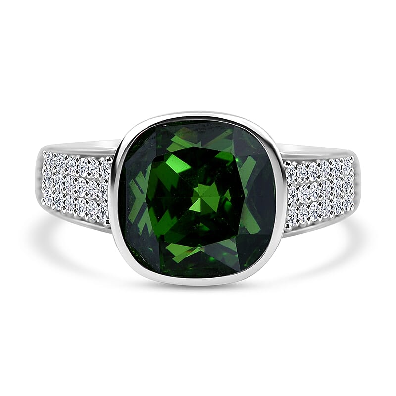 Simulated Green and White Diamond Ring in Rhodium Over Sterling Silver (Size 10.0)