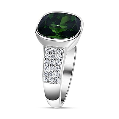 Simulated Green and White Diamond Ring in Rhodium Over Sterling Silver (Size 10.0)