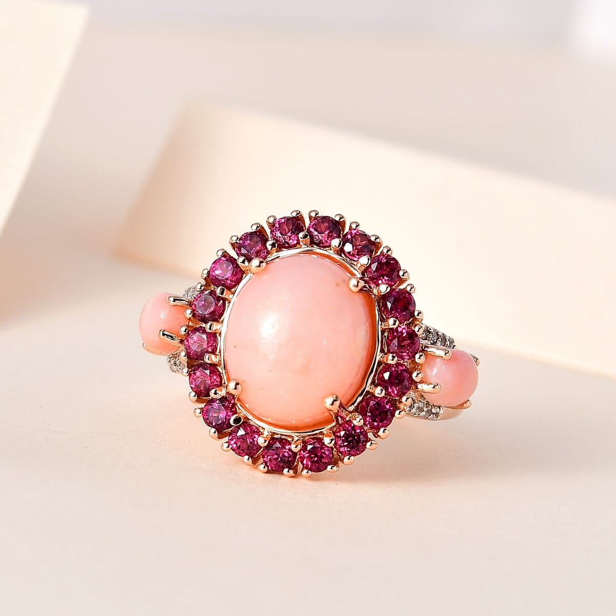 Premium Peruvian Pink Opal, Multi Gemstone Ring in Vermeil RG Over Sterling Silver (Size 10.0) 6.50 ctw image number 1