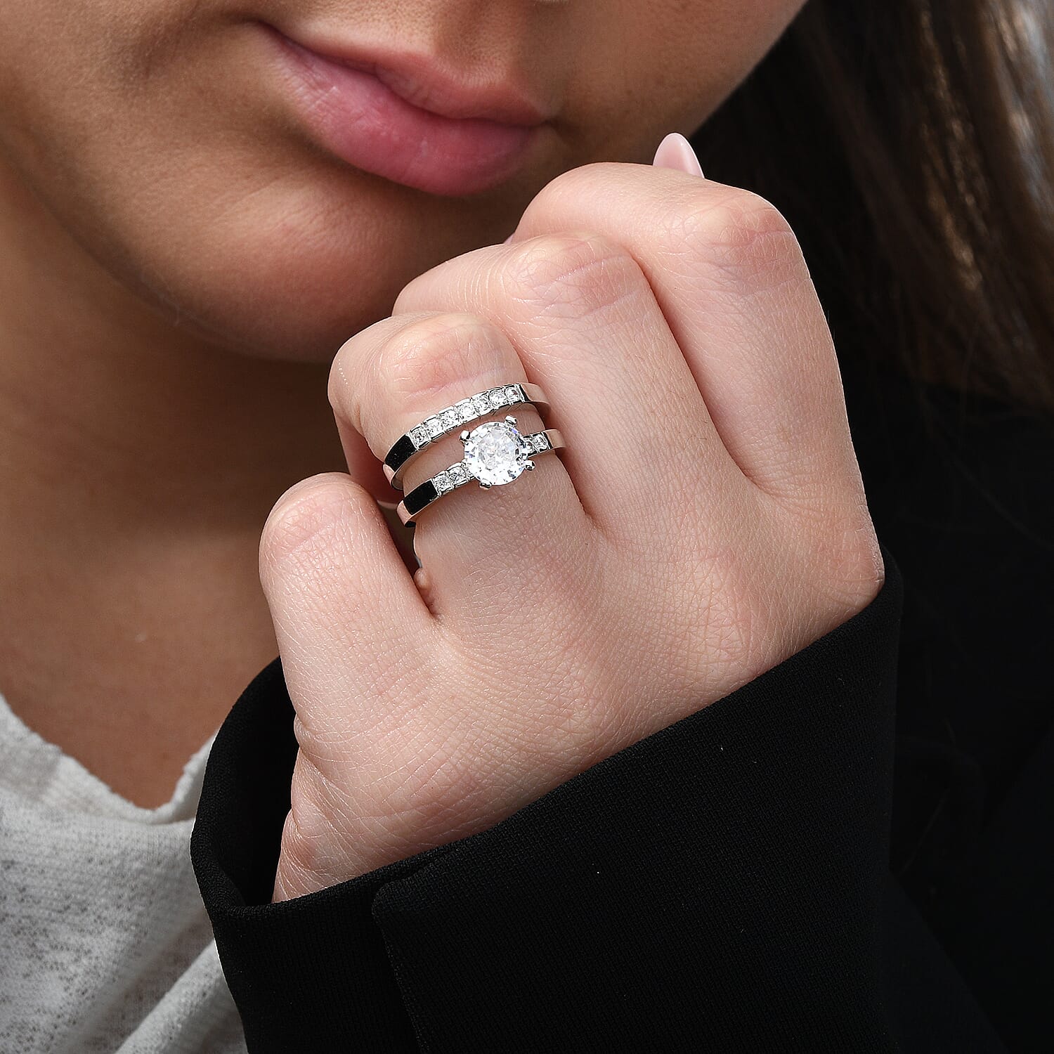 Simulated Diamond 3.06 ctw Ring in Rhodium Over Sterling Silver (Size 6.5)