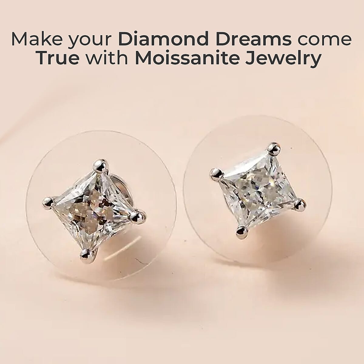 Moissanite (Sqr 5mm) Solitaire Stud Earrings in Platinum Over Sterling Silver 1.40 ctw image number 1