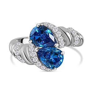 Simulated Blue and White Diamond Ring in Rhodium Over Sterling Silver (Size 8)
