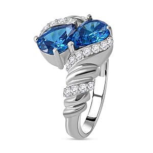 Simulated Blue and White Diamond Ring in Rhodium Over Sterling Silver (Size 8)