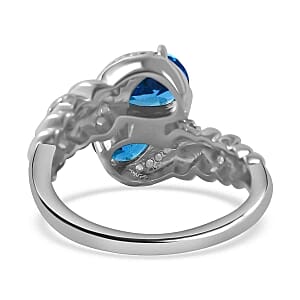 Simulated Blue and White Diamond Ring in Rhodium Over Sterling Silver (Size 8)
