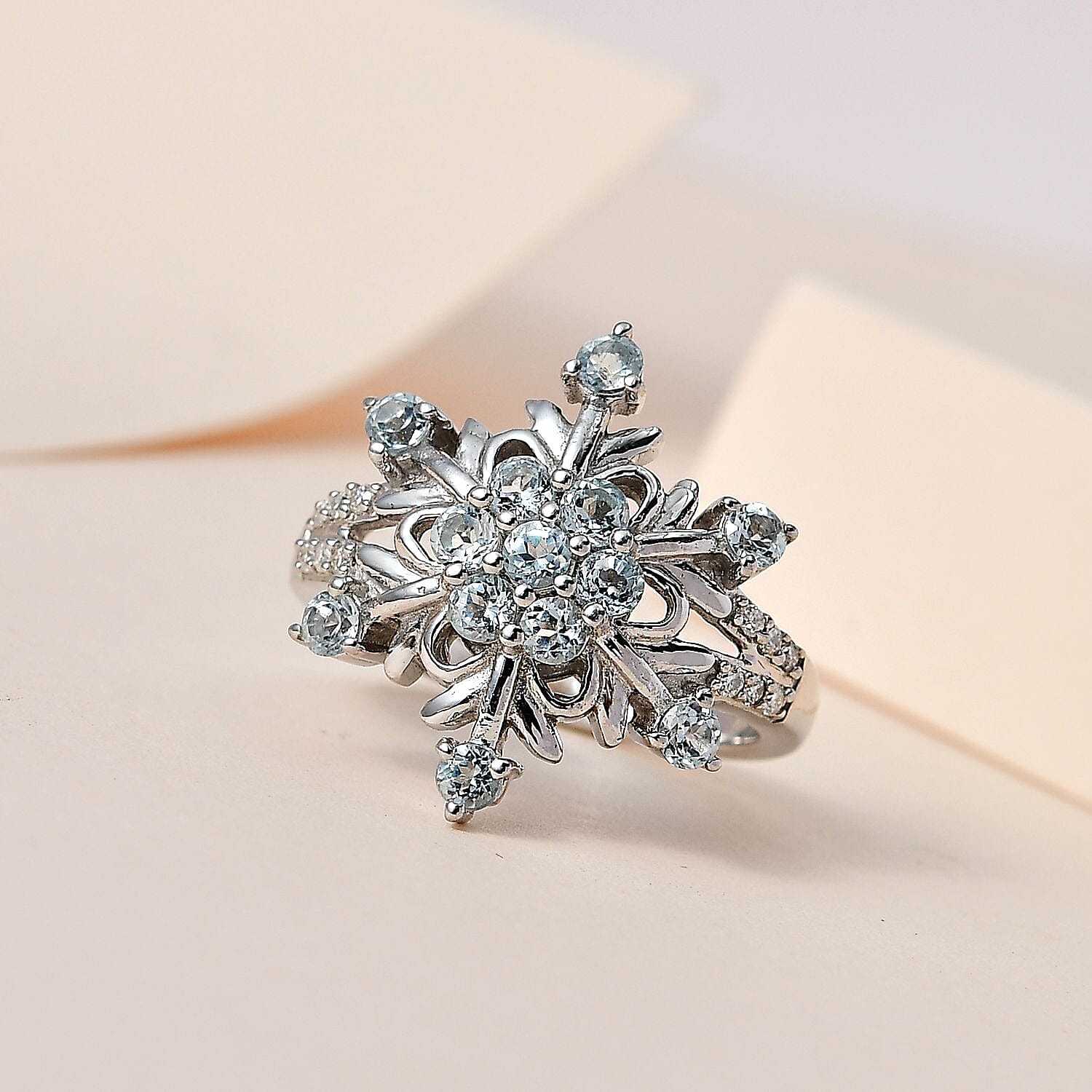 Premium Sky Blue Topaz and Moissanite Snowflake Ring in Platinum Over Sterling Silver (Size 6.0) 1.15 ctw