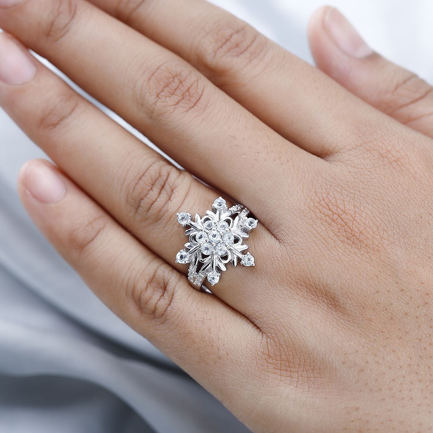 Premium Sky Blue Topaz and Moissanite Snowflake Ring in Platinum Over Sterling Silver (Size 6.0) 1.15 ctw