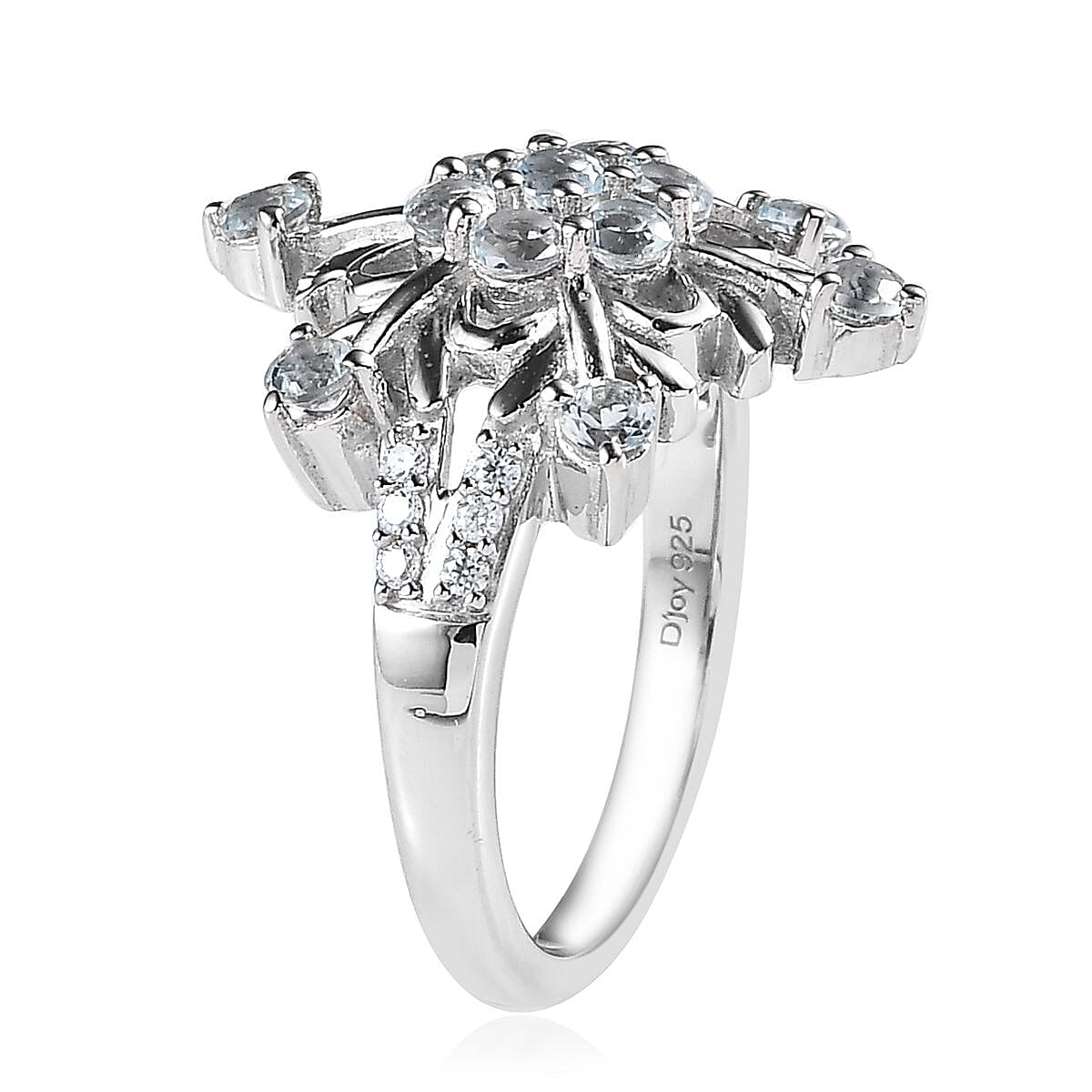 Premium Sky Blue Topaz and Moissanite Snowflake Ring in Platinum Over Sterling Silver (Size 6.0) 1.15 ctw