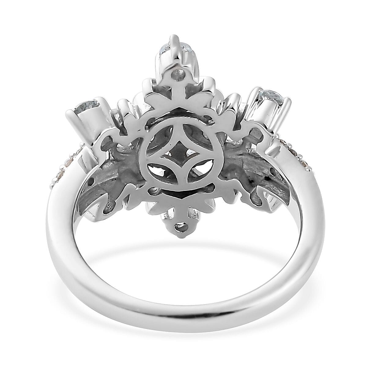 Premium Sky Blue Topaz and Moissanite Snowflake Ring in Platinum Over Sterling Silver (Size 6.0) 1.15 ctw