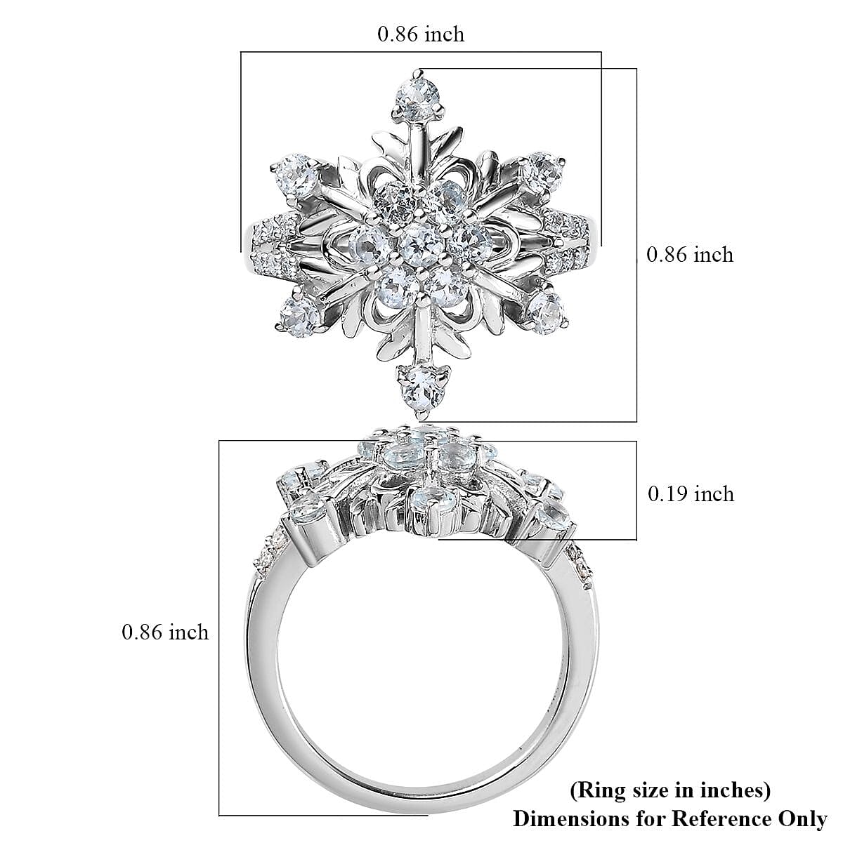 Premium Sky Blue Topaz and Moissanite Snowflake Ring in Platinum Over Sterling Silver (Size 6.0) 1.15 ctw
