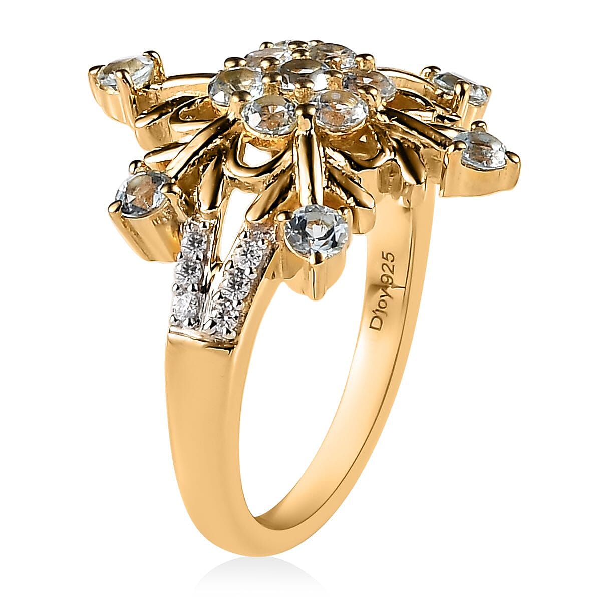 Premium Sky Blue Topaz and Moissanite Snowflake Ring in Vermeil Yellow Gold Over Sterling Silver (Size 6.0) 1.15 ctw image number 3