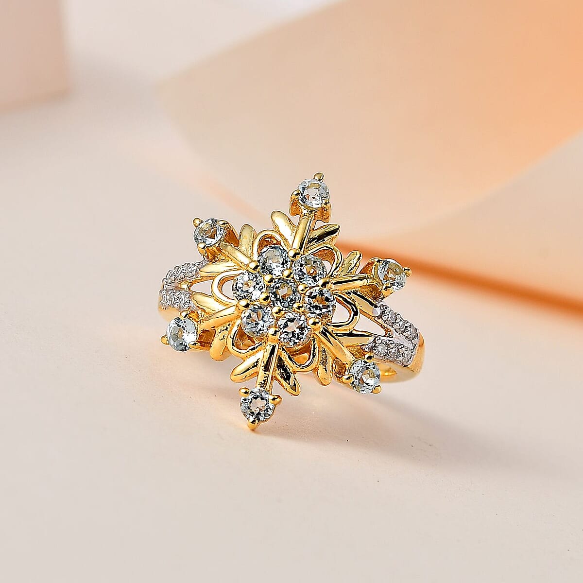 Premium Sky Blue Topaz and Moissanite Snowflake Ring in Vermeil Yellow Gold Over Sterling Silver (Size 8.0) 1.15 ctw image number 1