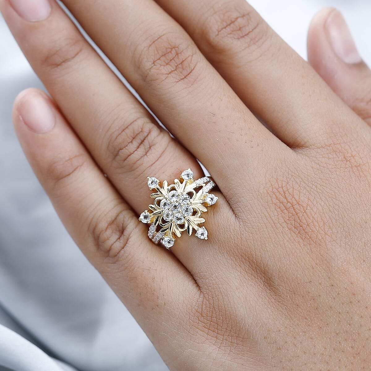 Premium Sky Blue Topaz and Moissanite Snowflake Ring in Vermeil Yellow Gold Over Sterling Silver (Size 8.0) 1.15 ctw image number 2