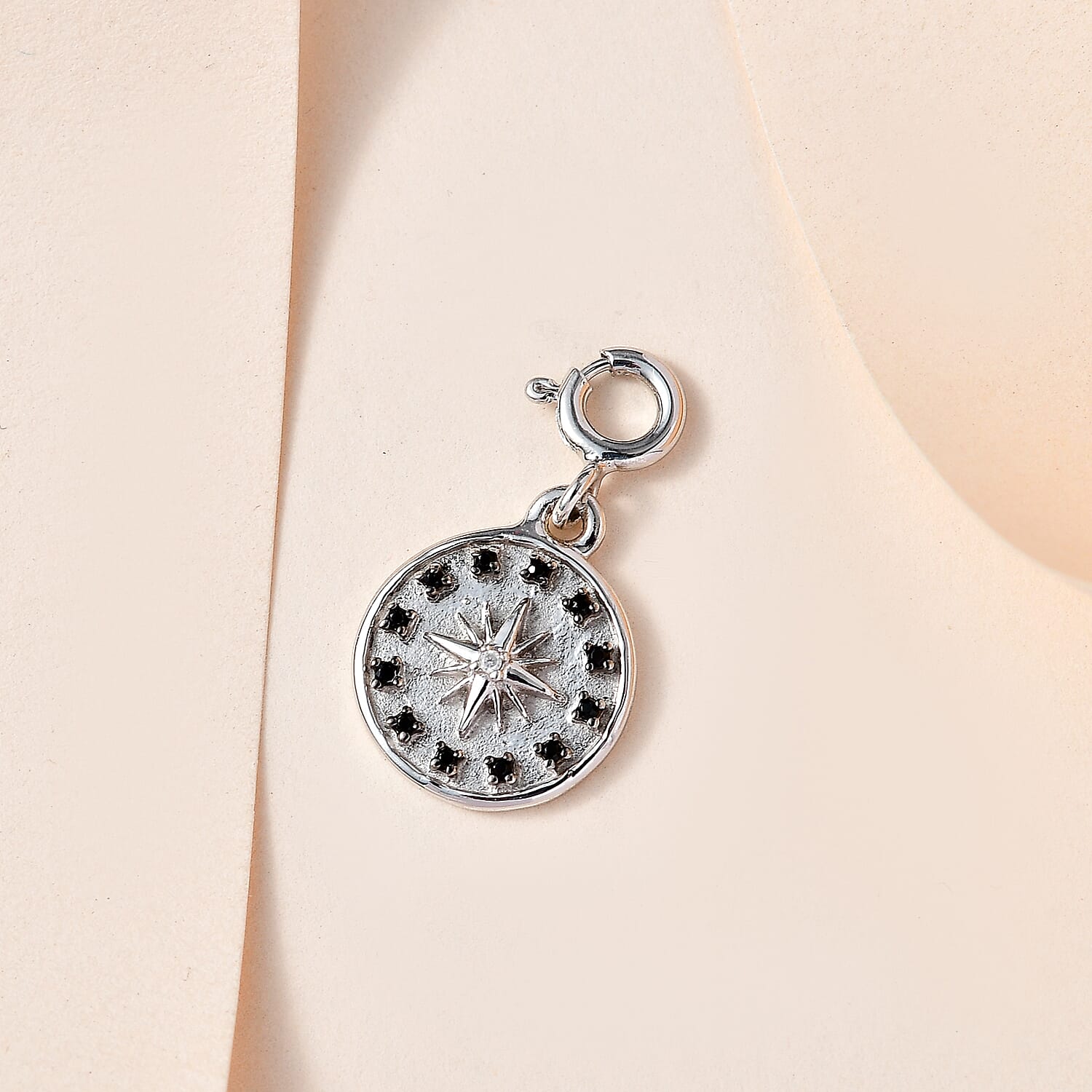 Moissanite and Thai Black Spinel Celestial Star Medallion Charm in Platinum Over Sterling Silver 0.10 ctw