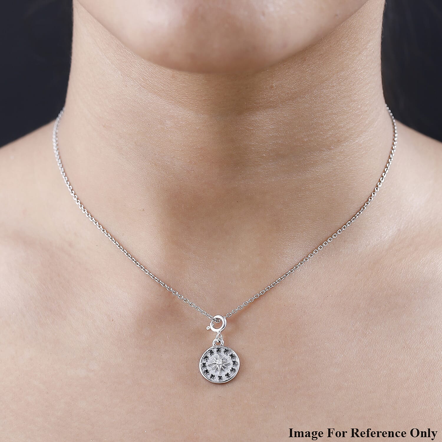 Moissanite and Thai Black Spinel Celestial Star Medallion Charm in Platinum Over Sterling Silver 0.10 ctw