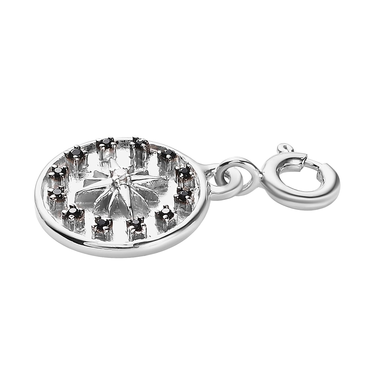 Moissanite and Thai Black Spinel Celestial Star Medallion Charm in Platinum Over Sterling Silver 0.10 ctw