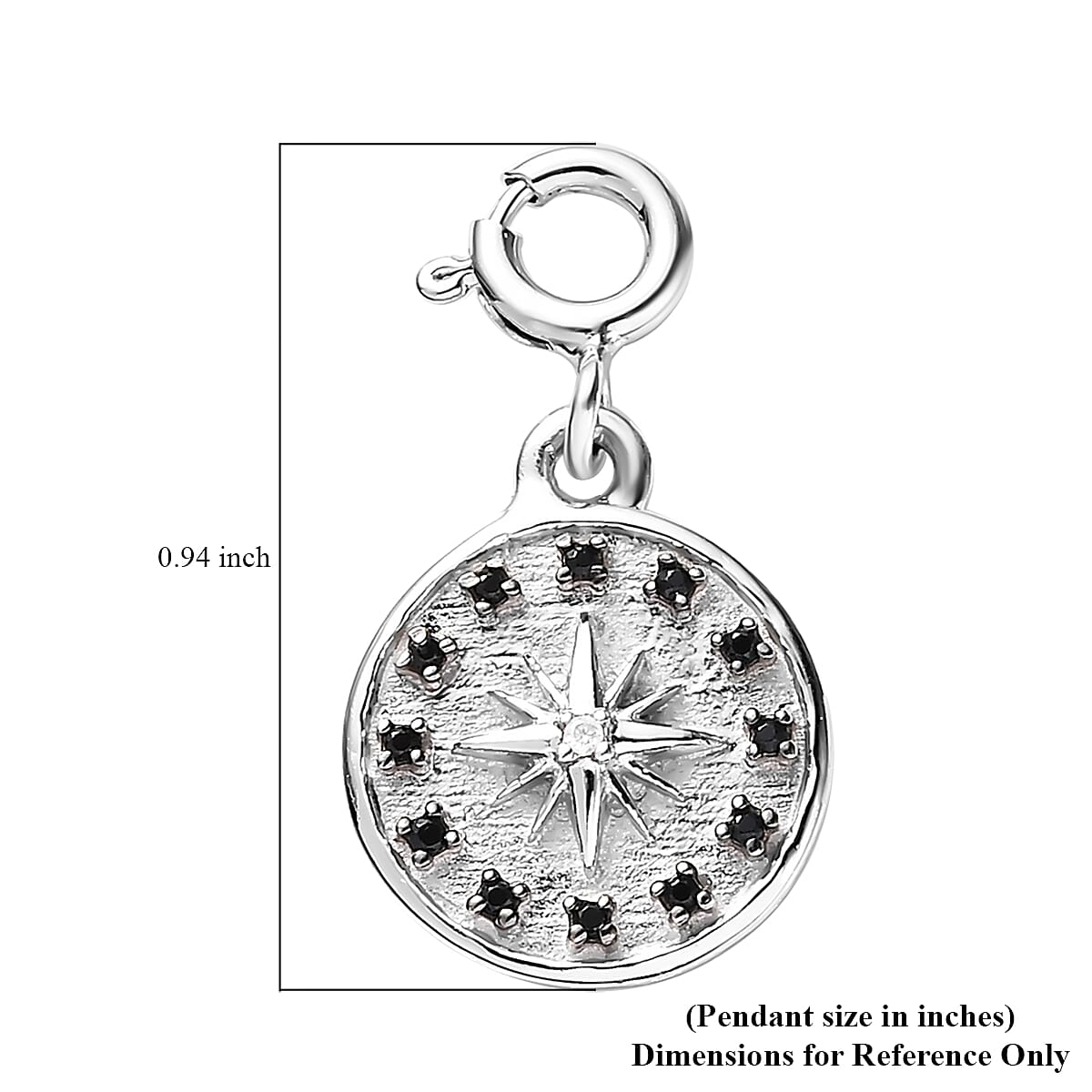 Moissanite and Thai Black Spinel Celestial Star Medallion Charm in Platinum Over Sterling Silver 0.10 ctw