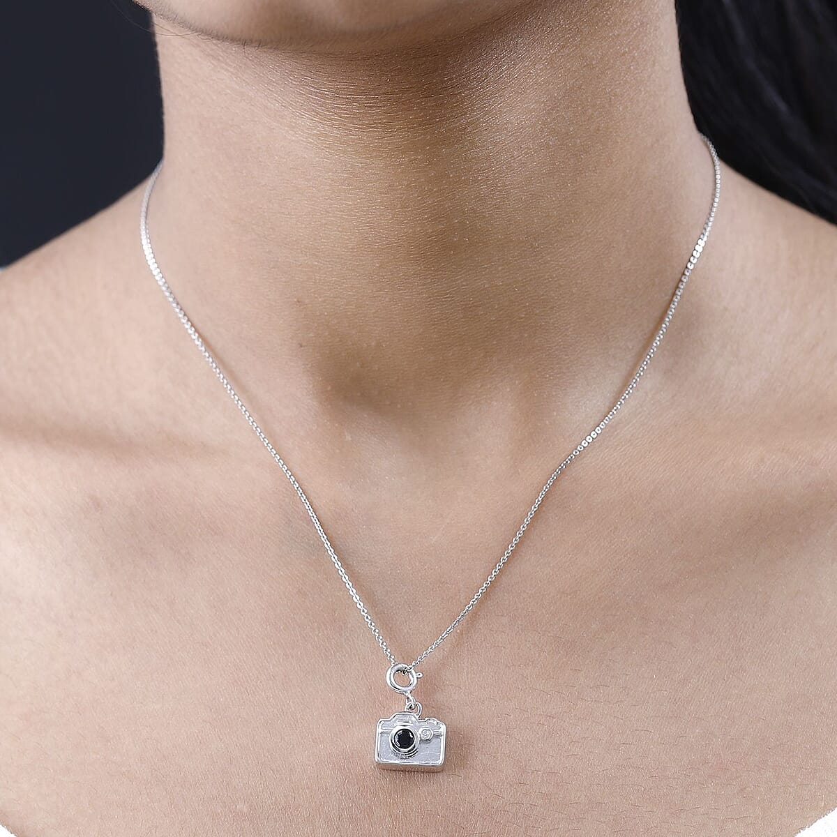 Thai Black Spinel and Moissanite Camera Charm in Platinum Over Sterling Silver 0.35 ctw image number 2