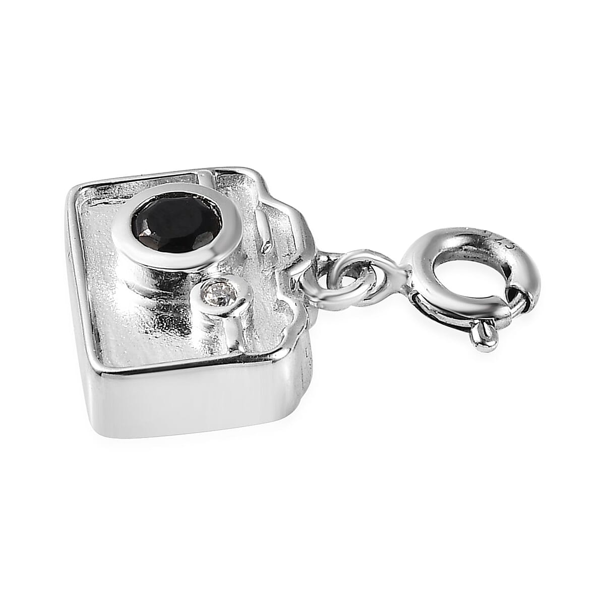 Thai Black Spinel and Moissanite Camera Charm in Platinum Over Sterling Silver 0.35 ctw image number 3