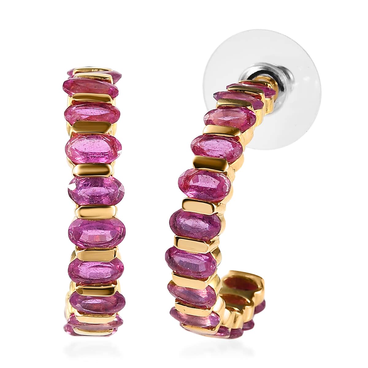 Pink Ruby (FF) J-Hoop Earrings in Vermeil Yellow Gold Over Sterling Silver 7.85 ctw image number 0