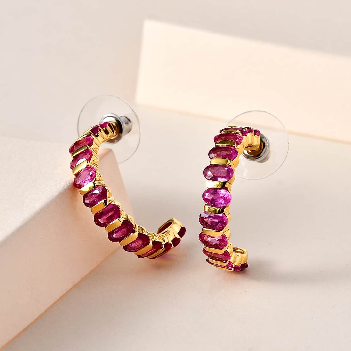 Pink Ruby (FF) J-Hoop Earrings in Vermeil Yellow Gold Over Sterling Silver 7.85 ctw image number 1