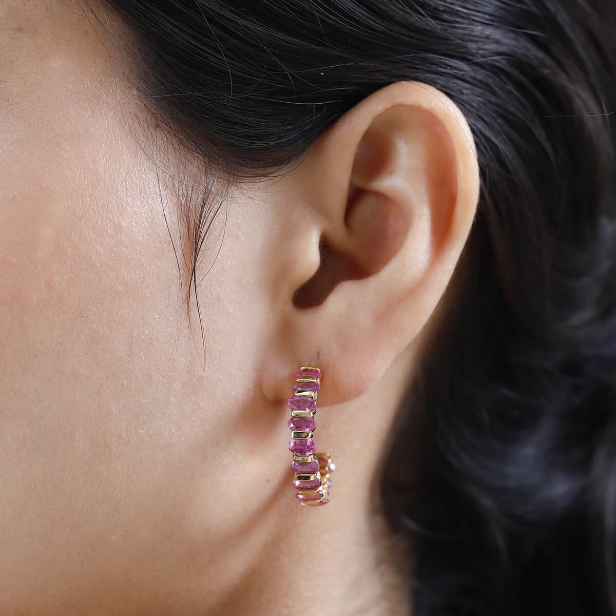 Pink Ruby (FF) J-Hoop Earrings in Vermeil Yellow Gold Over Sterling Silver 7.85 ctw image number 2