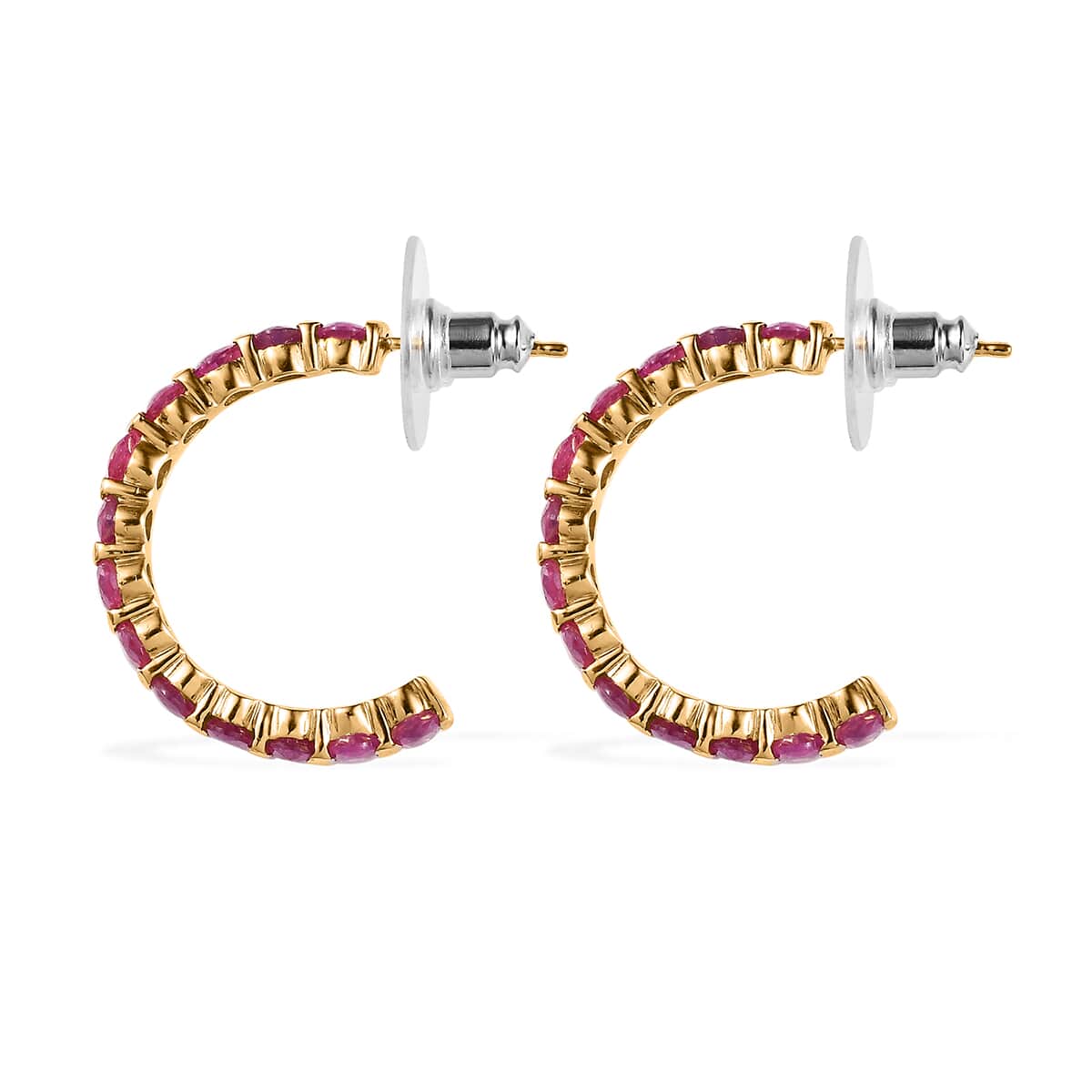 Pink Ruby (FF) J-Hoop Earrings in Vermeil Yellow Gold Over Sterling Silver 7.85 ctw image number 3