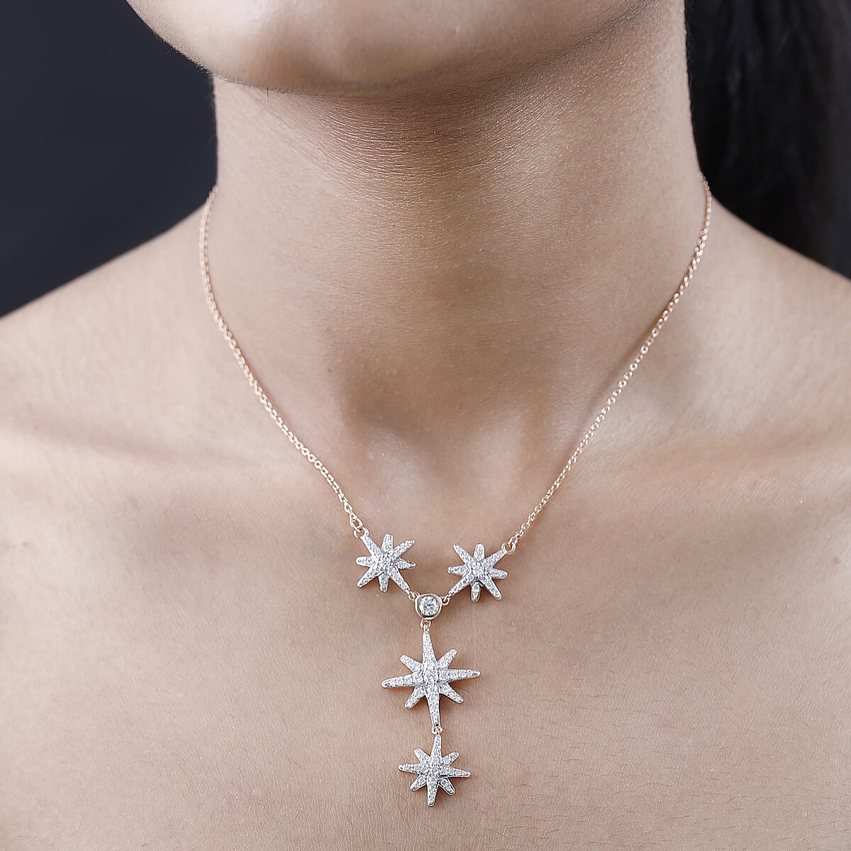 Moissanite Celestial Stars Lariat Necklace 18 Inches in Vermeil Rose Gold Over Sterling Silver 1.85 ctw image number 2
