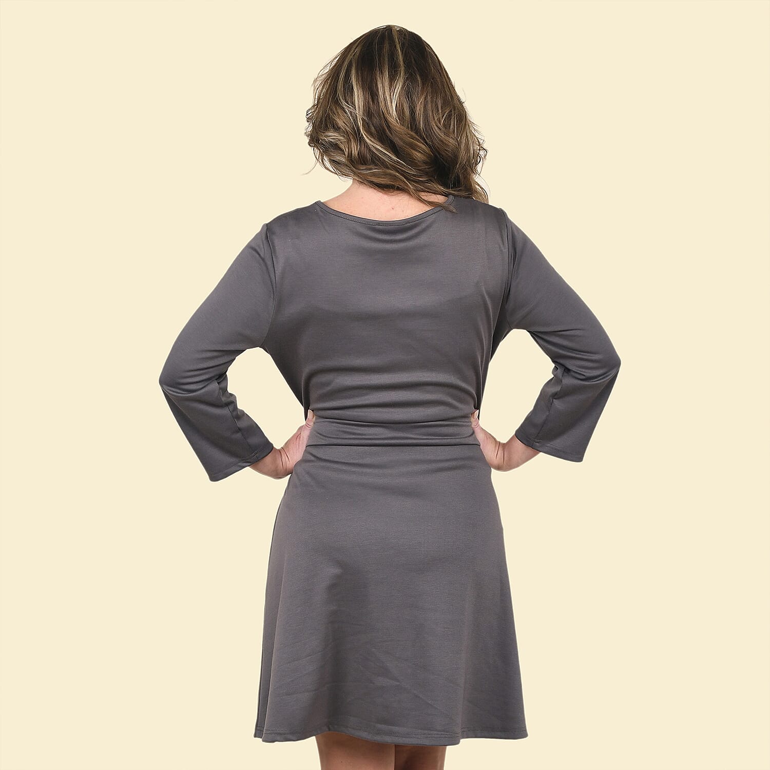 TAMSY Gray Solid Midi Drop-waist Long Sleeve Dress - L