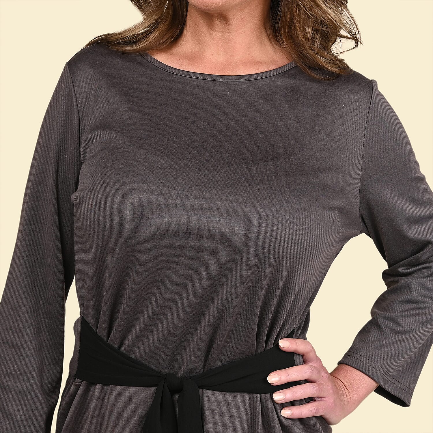 TAMSY Gray Solid Midi Drop-waist Long Sleeve Dress - L
